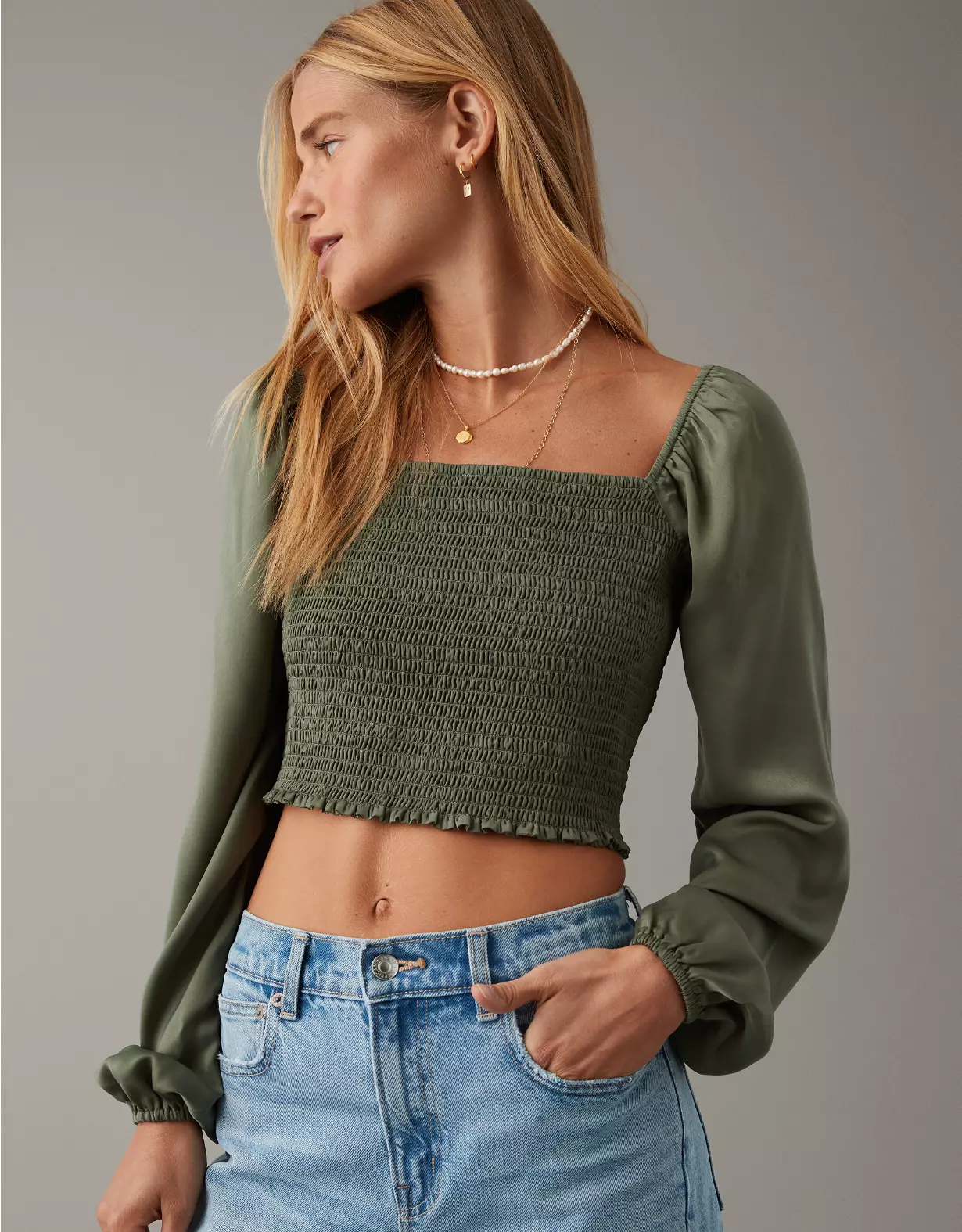 AE Smocked Satin Long-Sleeve Shirt