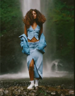 AE Dreamy Drape Low-Rise Denim Maxi Skirt